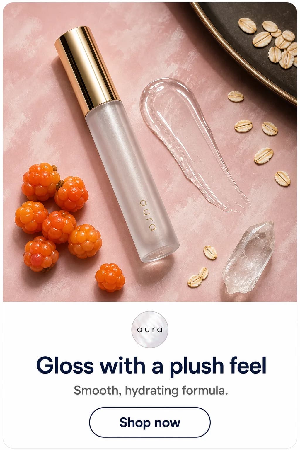 Aura ad creative reading gloss with a plush feel and a shop now button