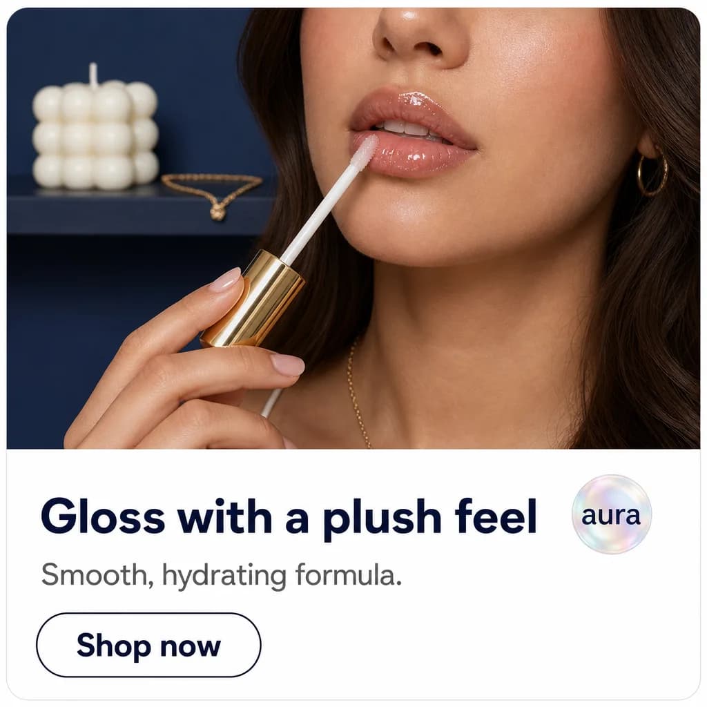 Aura ad creative with a gloss application close-up and a shop now button