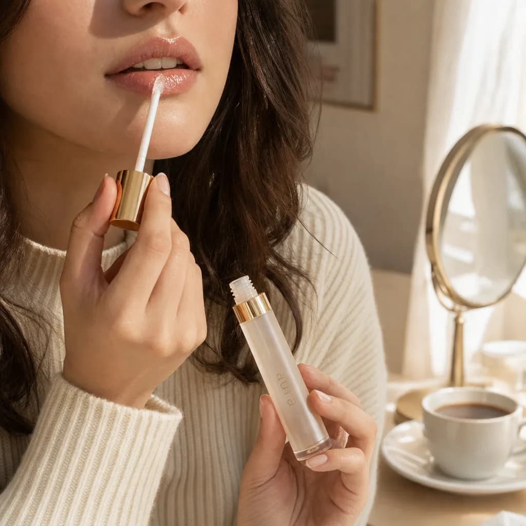 Woman applying Aura lip gloss in warm window light
