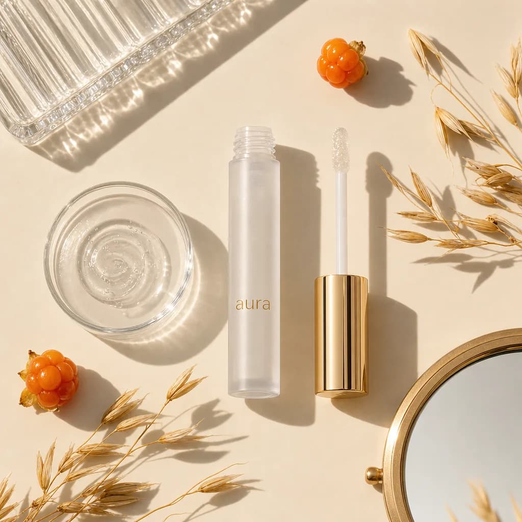 Aura lip gloss flat lay with cloudberries, oats and a gold compact mirror