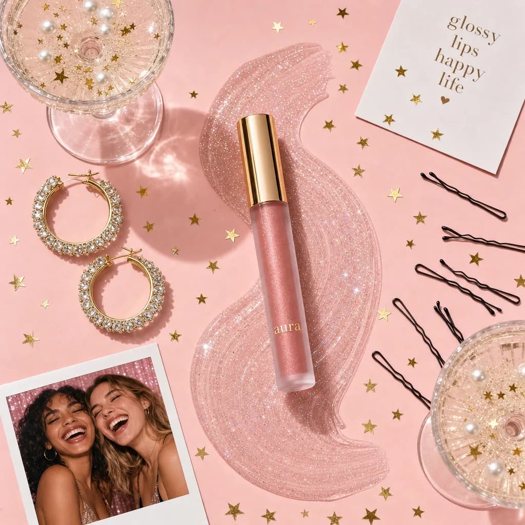 Aura lip gloss flat lay with glitter swatch, earrings and gold stars