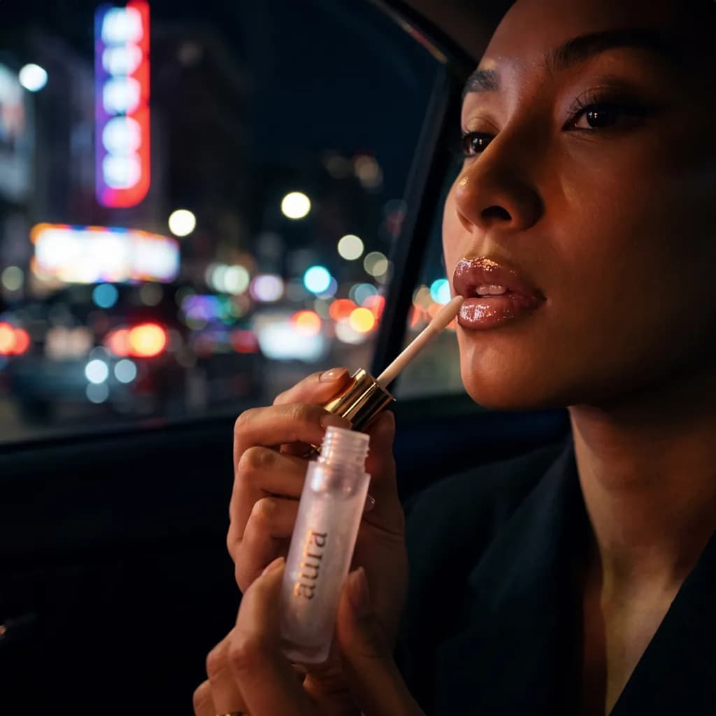 Woman applying Aura lip gloss in a car with city lights behind her