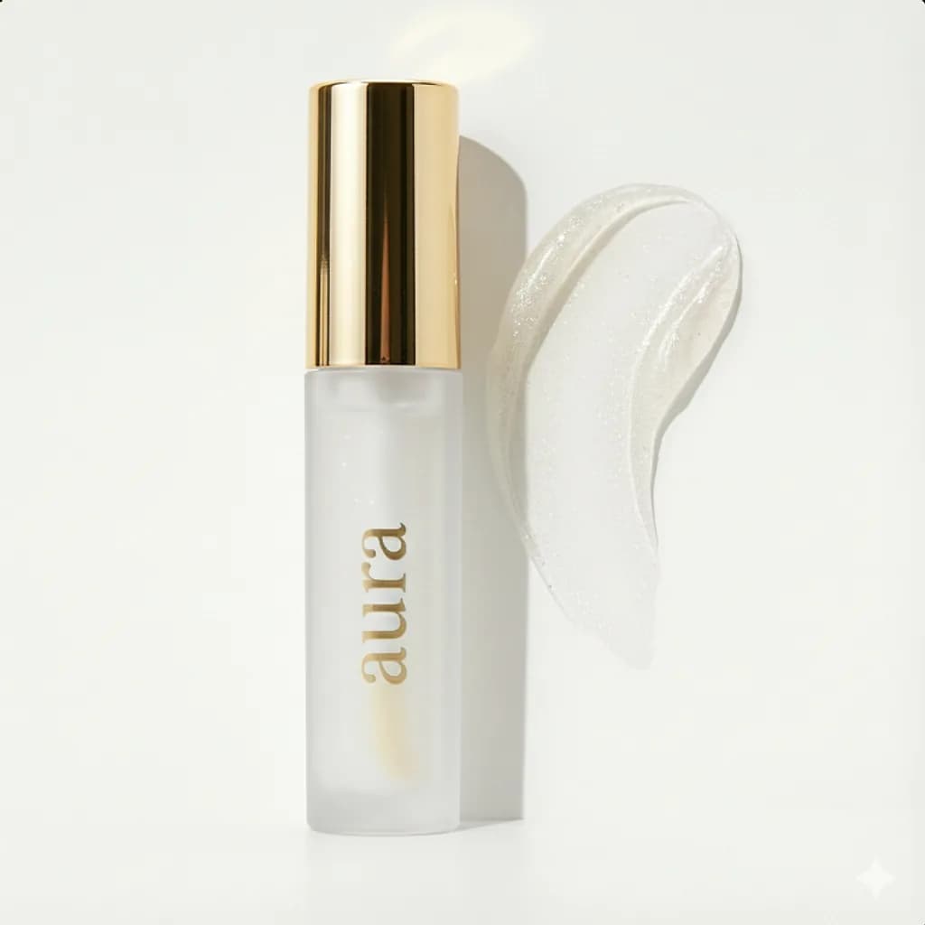 Aura lip gloss studio photo beside a shimmering gloss swatch