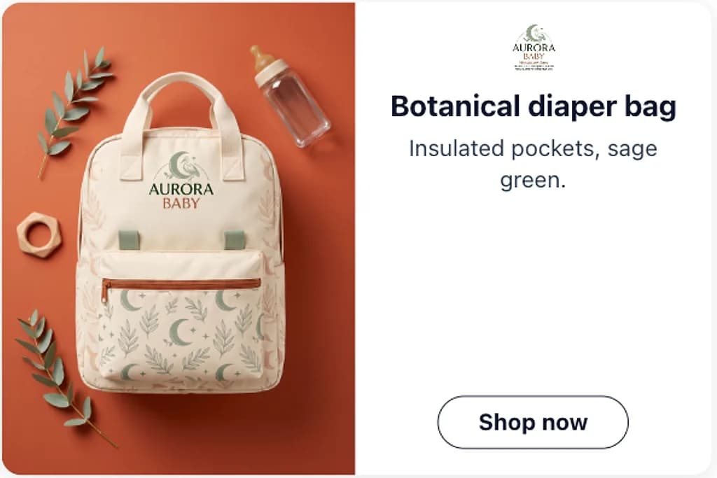 Aurora Baby diaper bag ad creative on terracotta with a shop now button