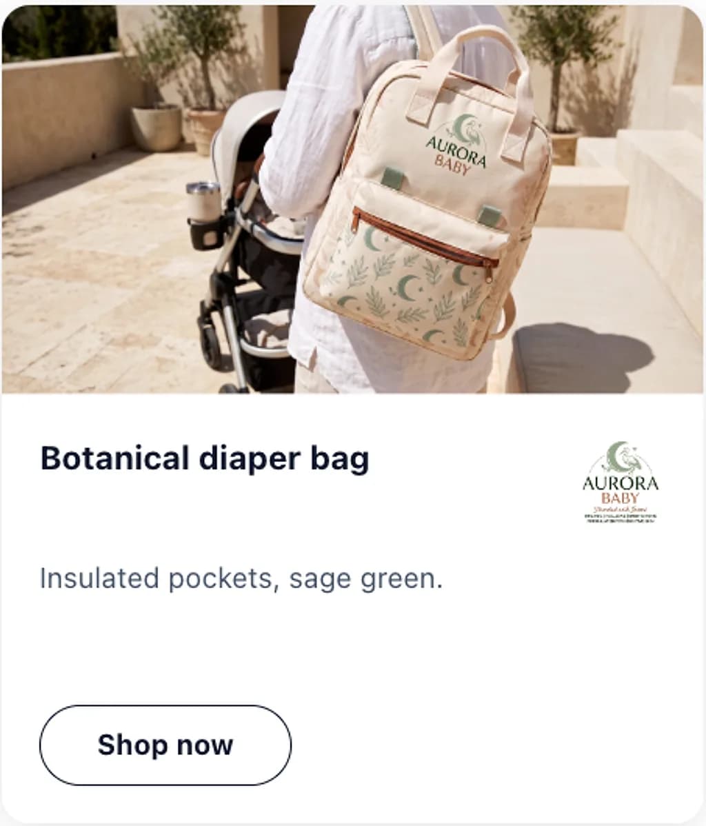 Aurora Baby ad creative reading botanical diaper bag with a shop now button