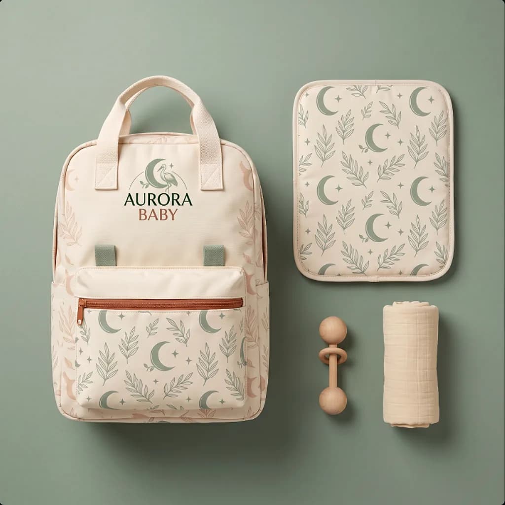 Aurora Baby diaper bag flat lay with a changing pad, rattle and swaddle