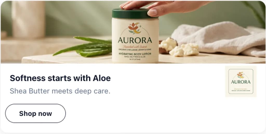 Aurora banner ad creative reading softness starts with aloe with a shop now button