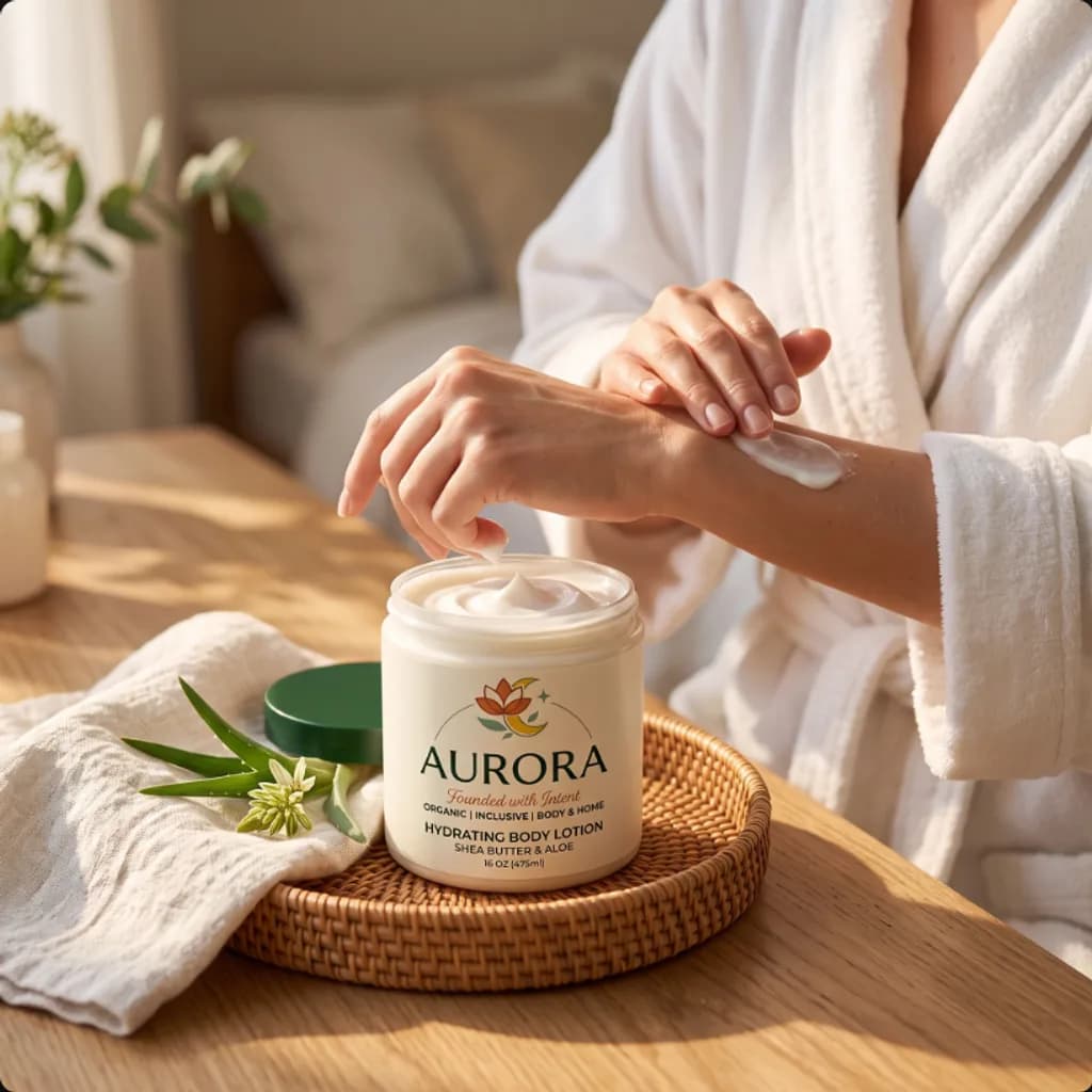 Woman in a robe smoothing Aurora hydrating body lotion onto her wrist