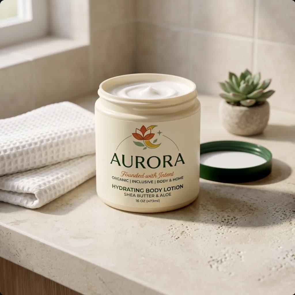 Aurora hydrating body lotion open on a bathroom counter beside folded towels