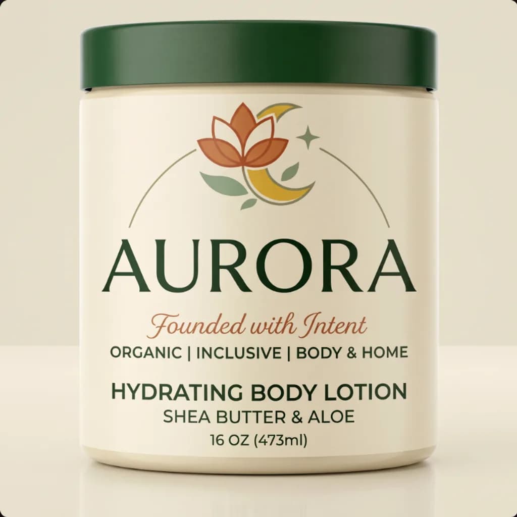 Aurora hydrating body lotion studio photo on a warm ivory backdrop