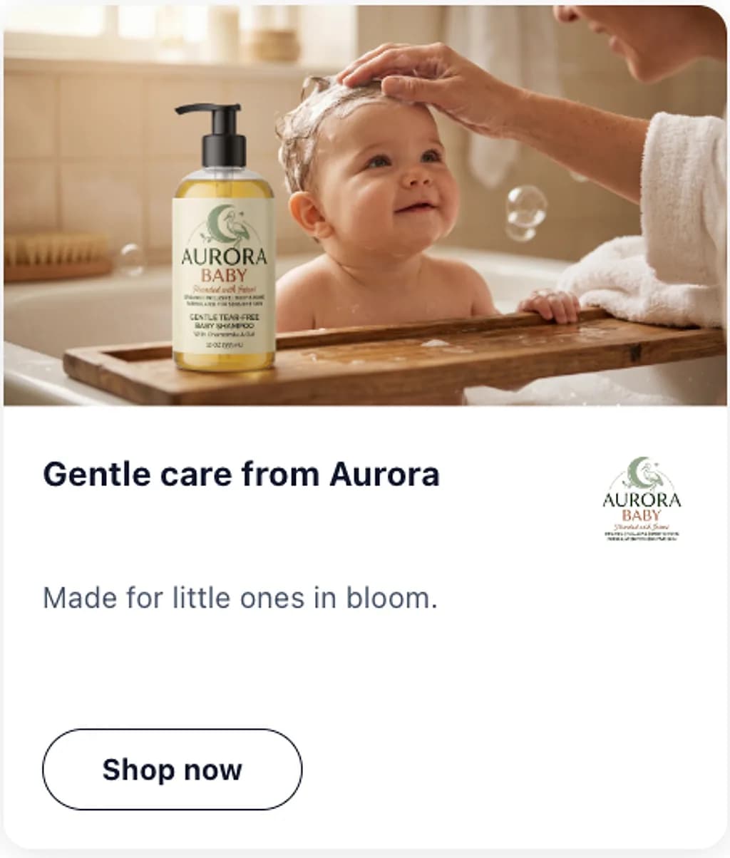 Aurora Baby ad creative reading gentle care from Aurora with a shop now button