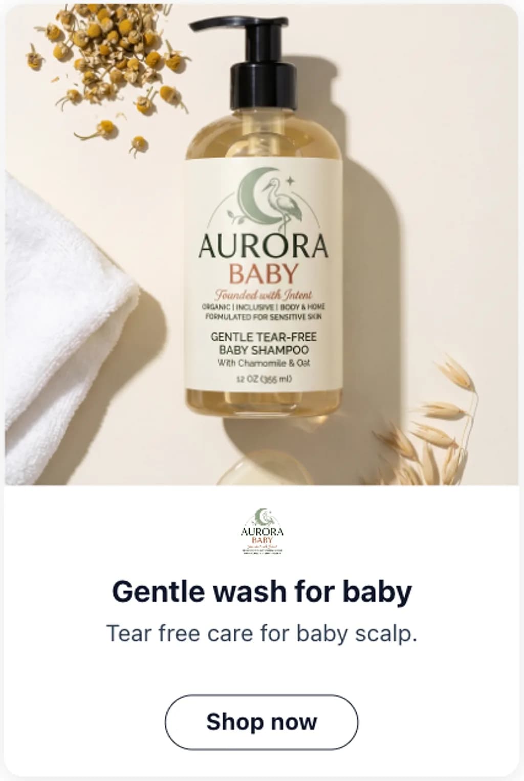 Aurora Baby ad creative reading gentle wash for baby with a shop now button