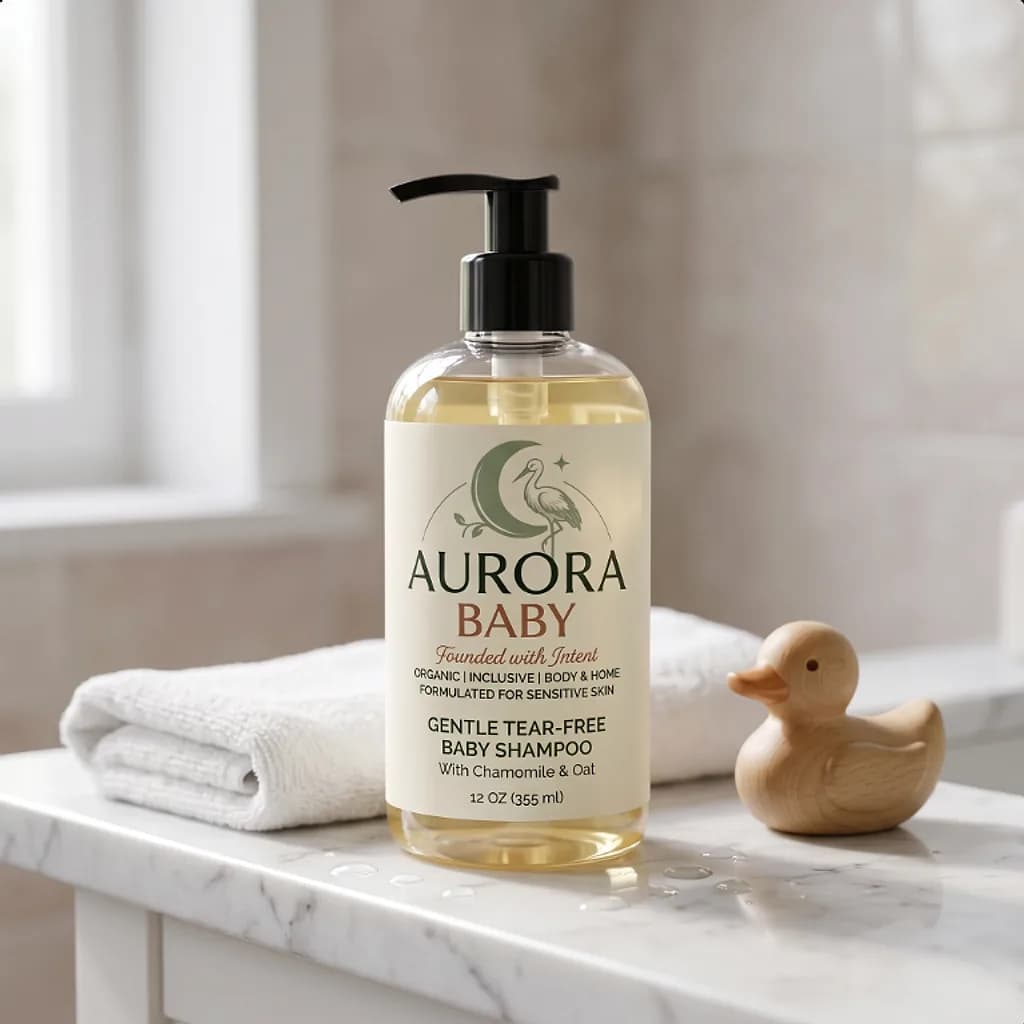Aurora Baby tear-free shampoo on a bathroom counter beside a wooden duck