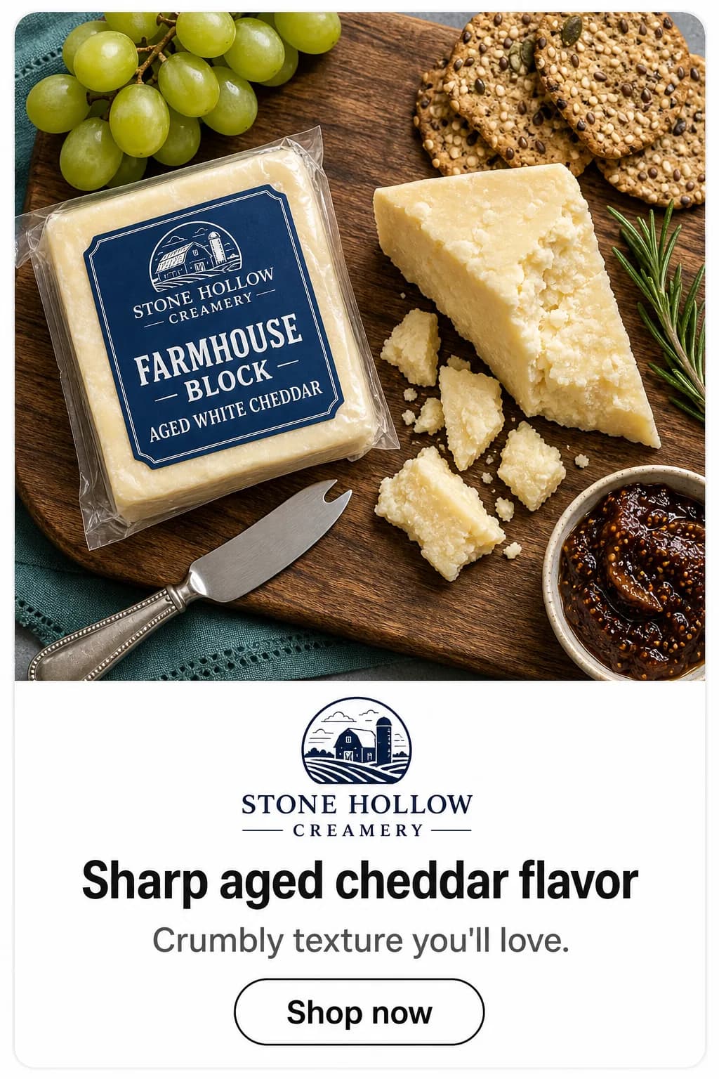 Cheddar ad creative with product photo, headline and shop now button