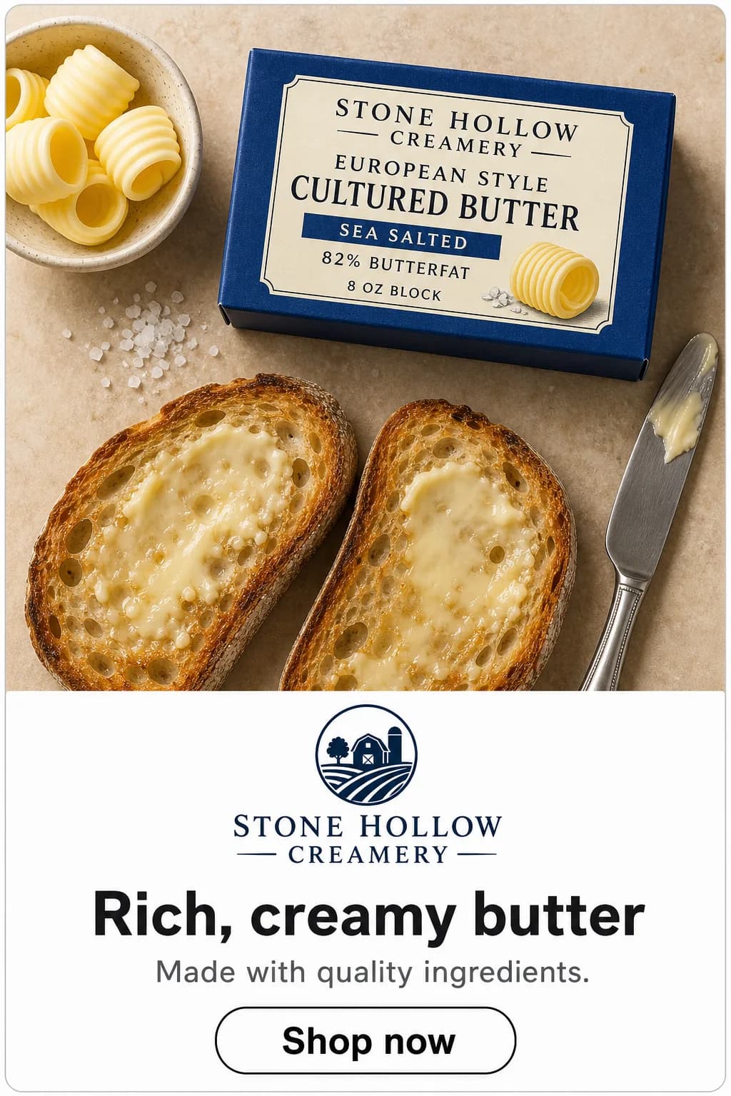 Cultured butter ad creative with product photo, headline and shop now button