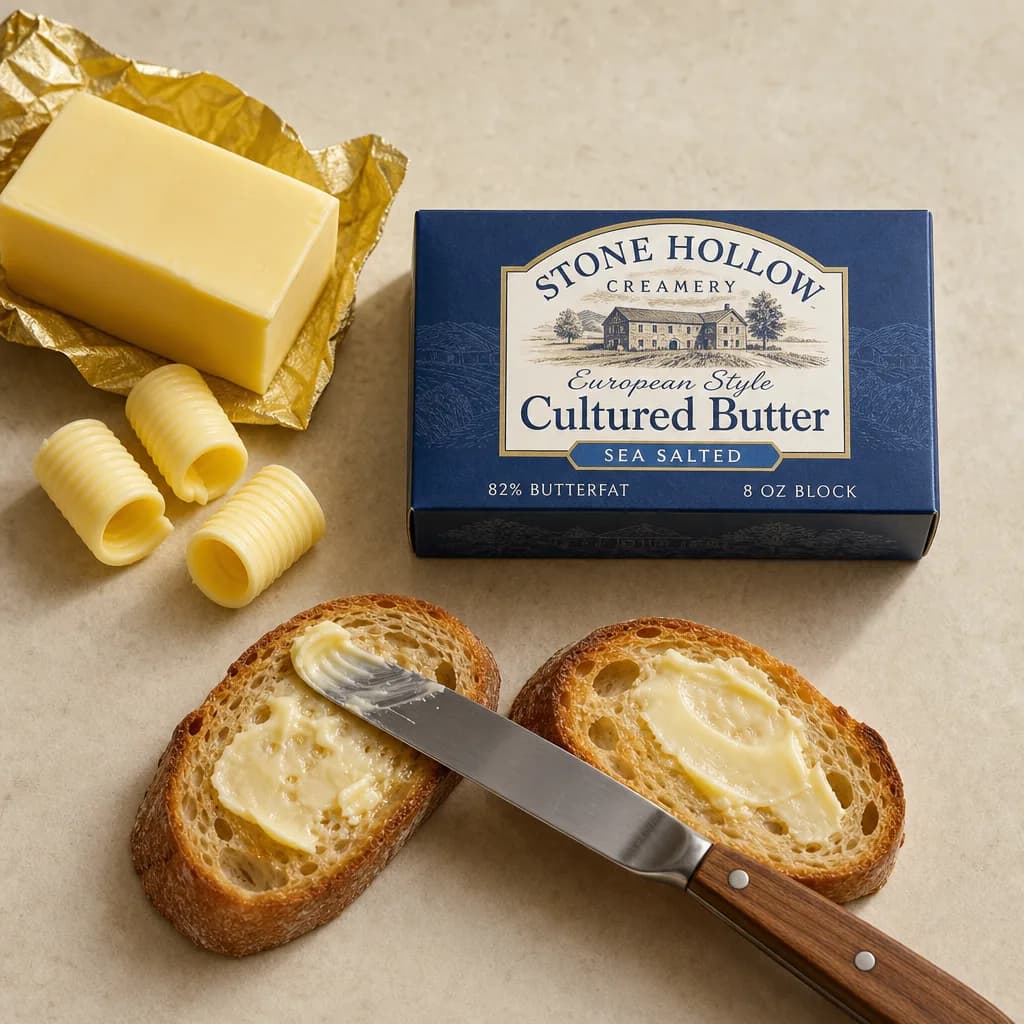 Cultured butter product photo styled with toast and butter curls