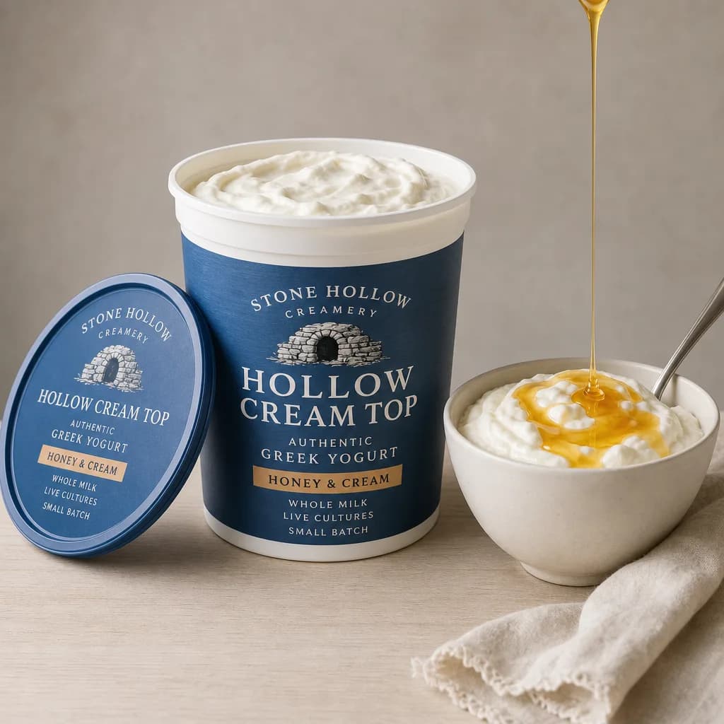 Greek yogurt tub product photo with a bowl of yogurt and honey