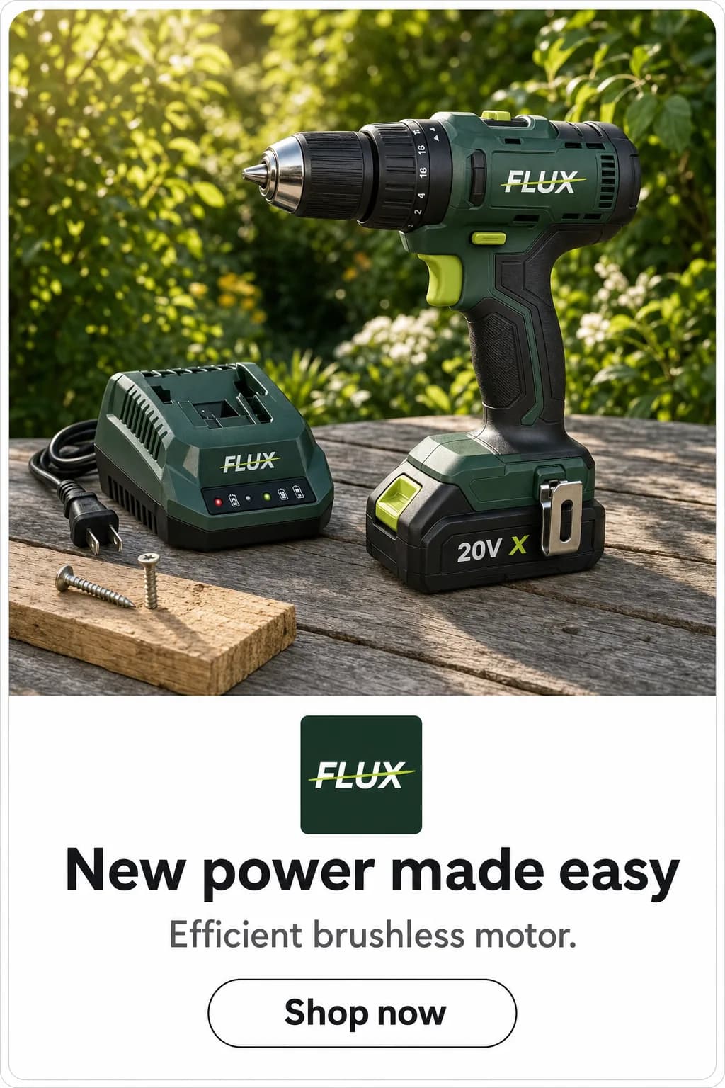 Flux ad creative reading new power made easy with a shop now button