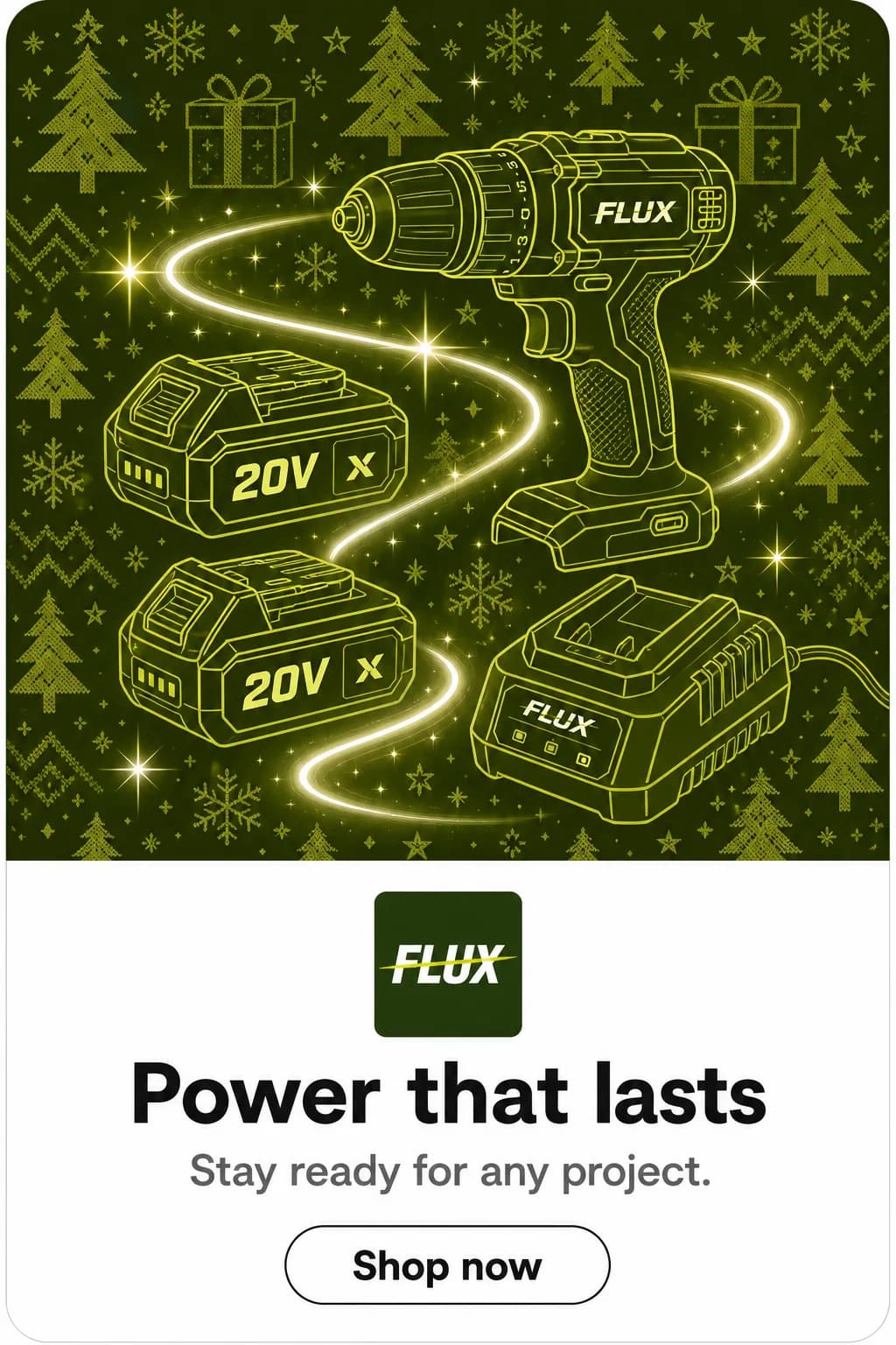 Illustrated Flux holiday ad creative reading power that lasts