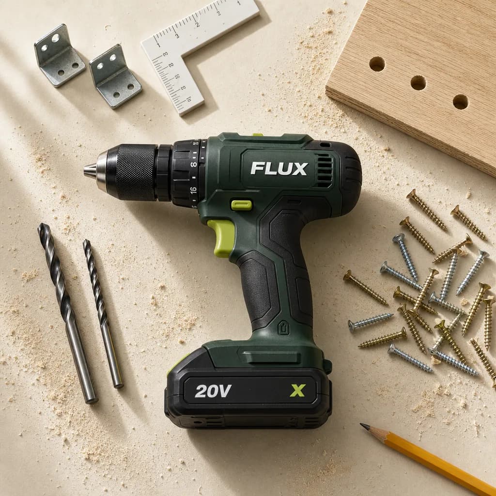 Flux cordless drill flat lay with bits, screws and a drilled board
