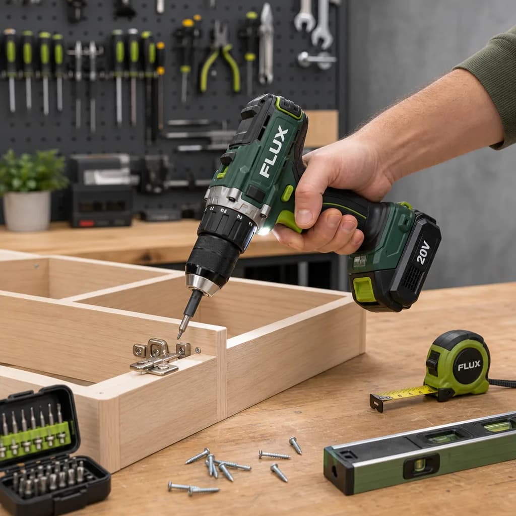 Flux cordless drill in use on a cabinet frame in a workshop