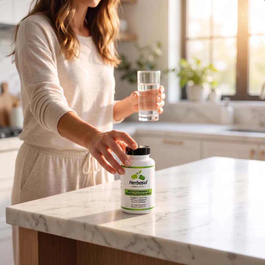 Woman reaching for a Herbasul multivitamin bottle on a sunlit kitchen island