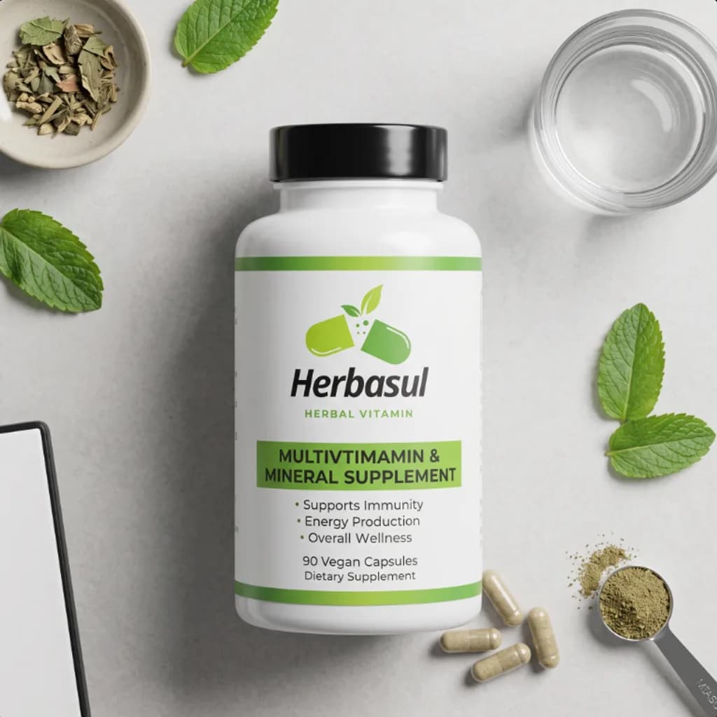 Herbasul multivitamin flat lay with mint leaves, loose capsules and a measuring scoop
