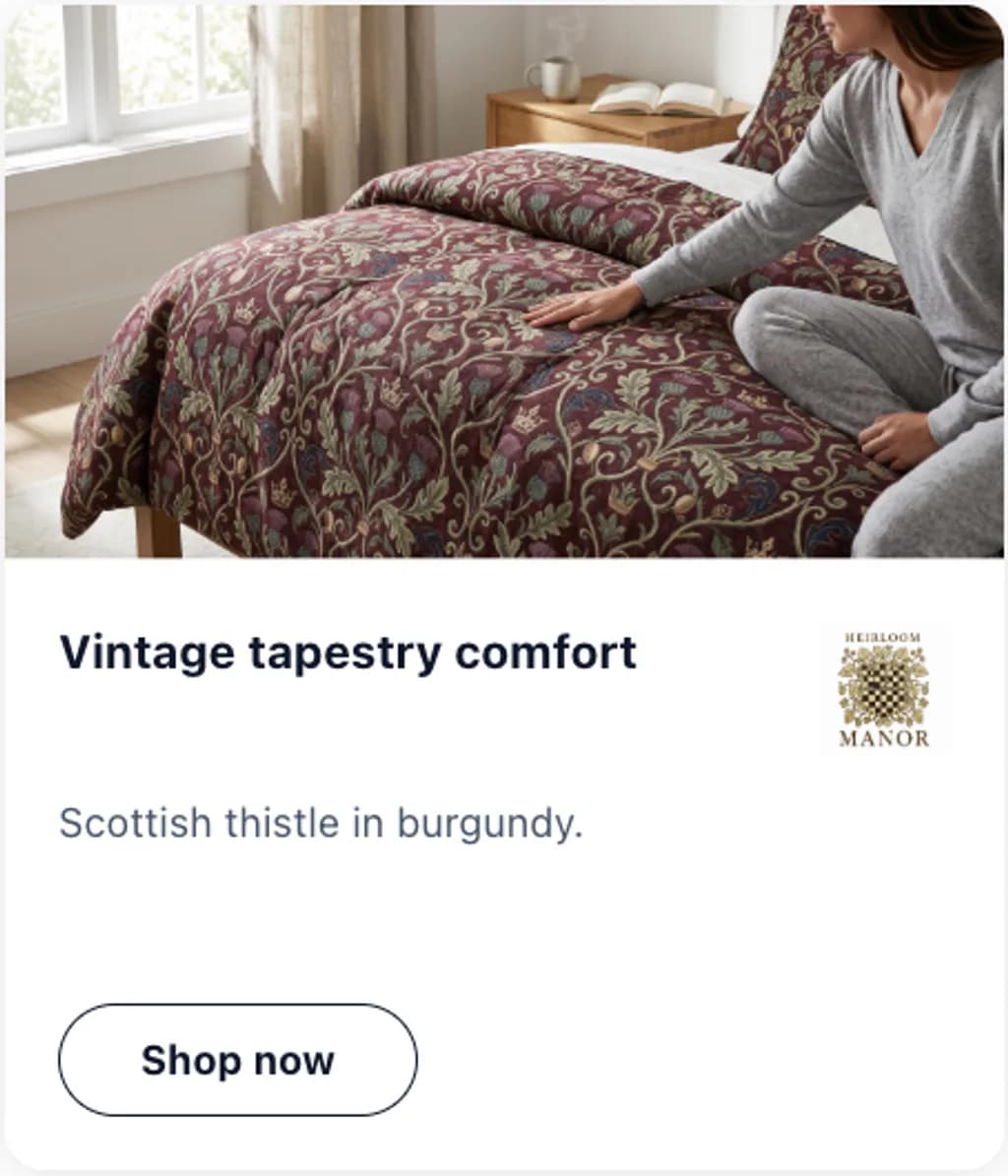 Heirloom Manor ad creative reading vintage tapestry comfort with a shop now button