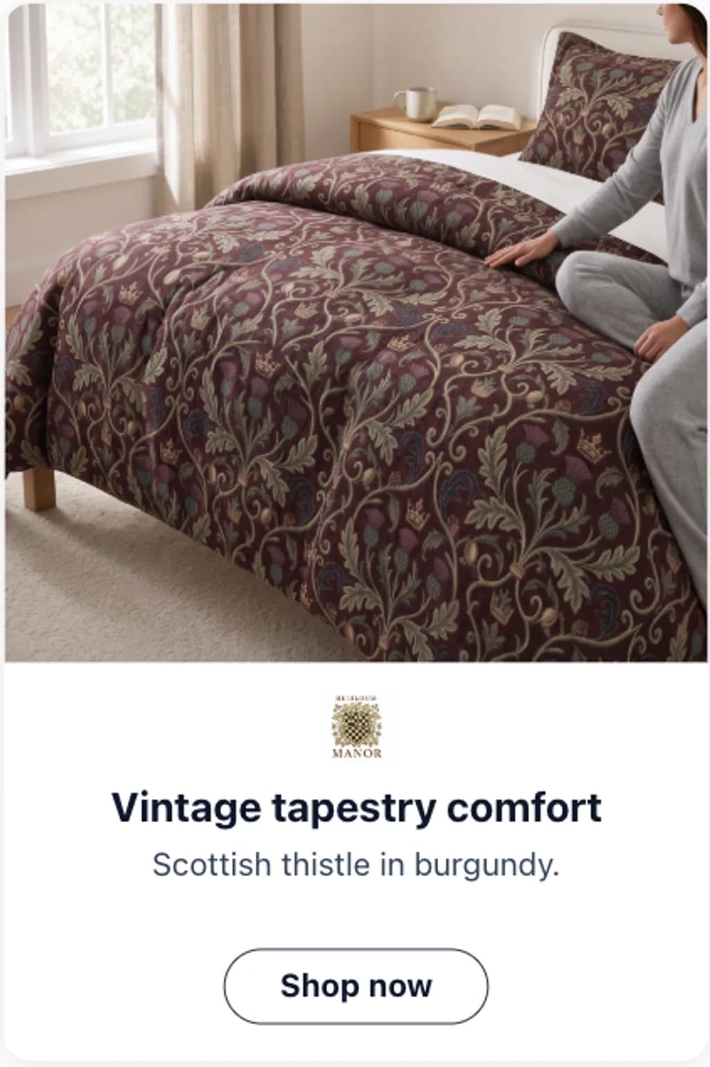 Heirloom Manor tall ad creative reading vintage tapestry comfort with a shop now button