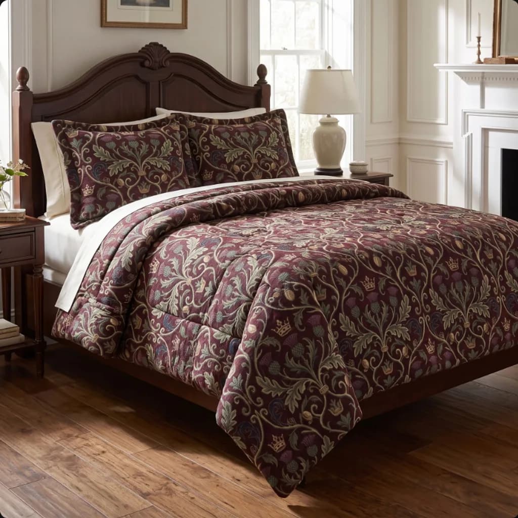 Heirloom Manor tapestry comforter set on a carved wooden bed
