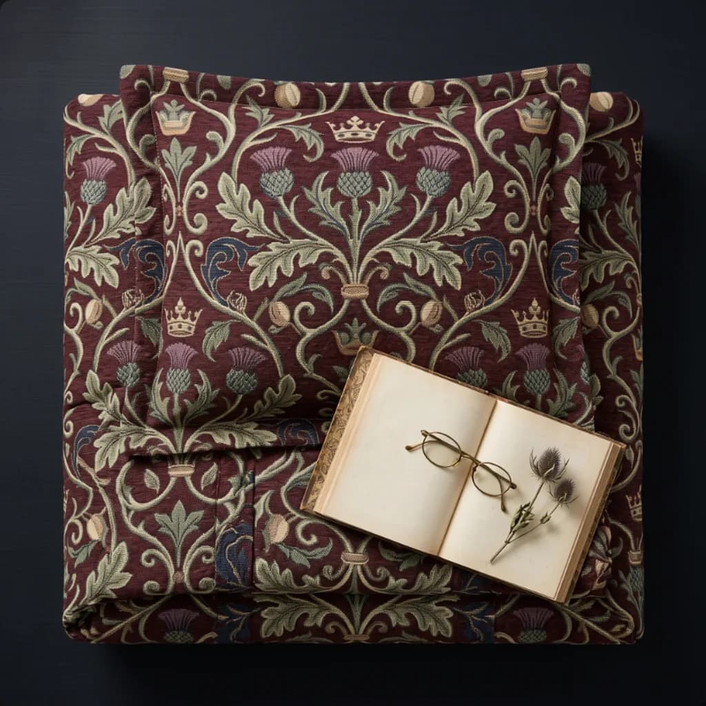 Heirloom Manor tapestry bedding folded flat with an open book and reading glasses