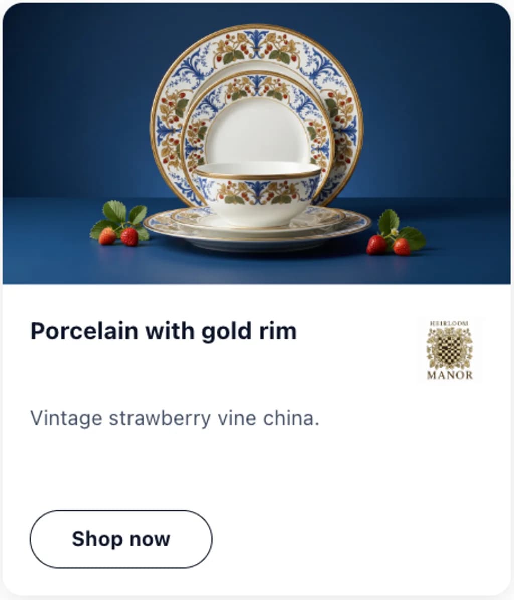 Heirloom Manor ad creative reading porcelain with gold rim on navy with a shop now button