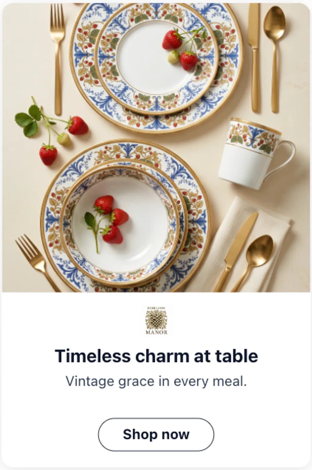 Heirloom Manor ad creative reading timeless charm at table with a shop now button