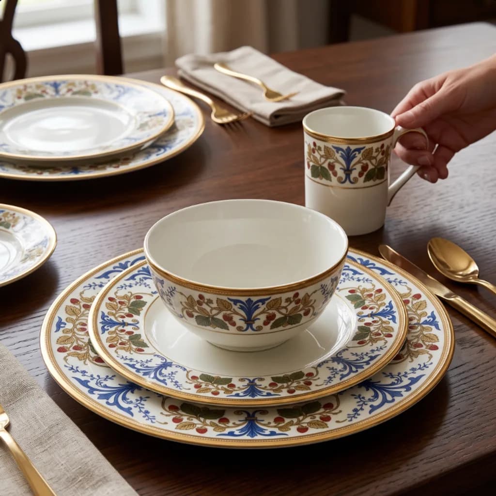 Heirloom Manor strawberry vine place setting on a walnut dining table