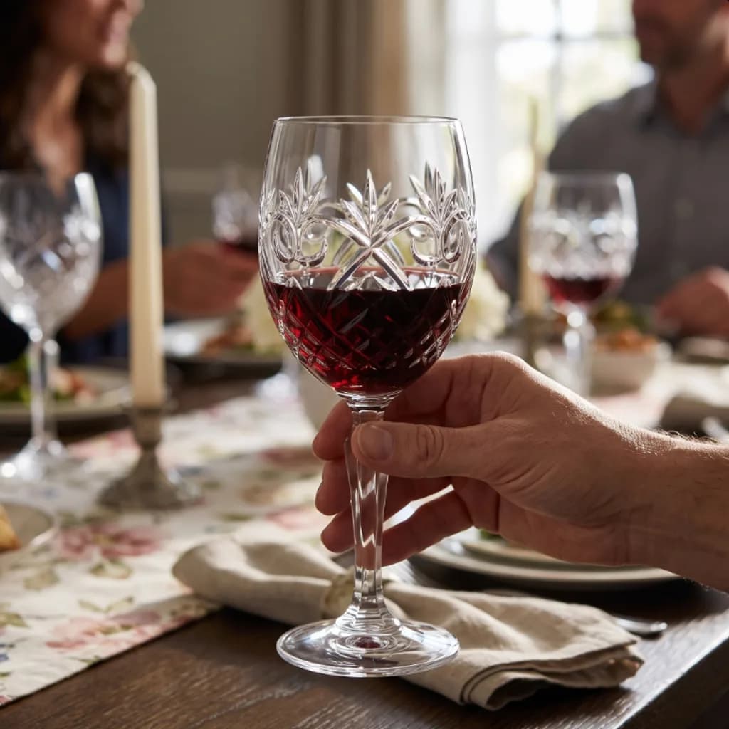 Hand lifting a Heirloom Manor cut crystal wine glass at a candlelit dinner