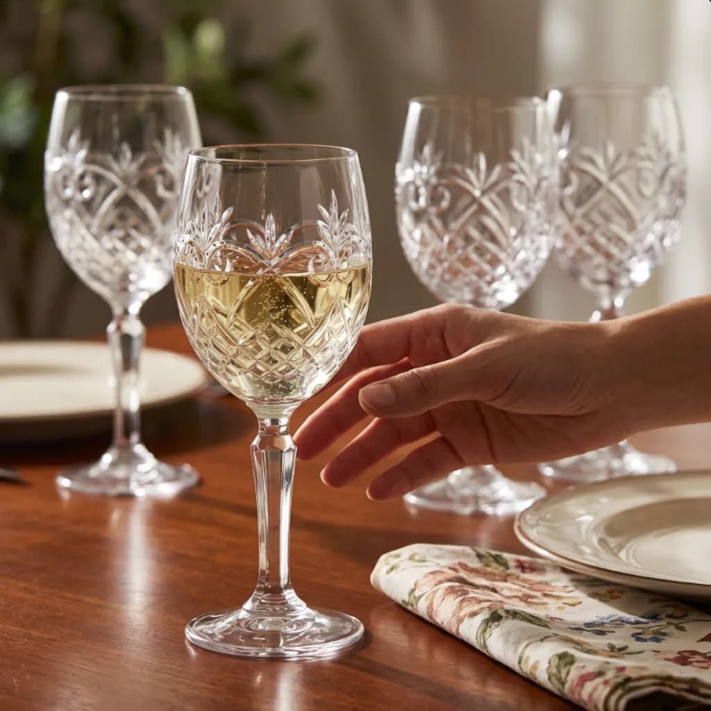 Heirloom Manor cut crystal wine glasses poured for white wine on a walnut table