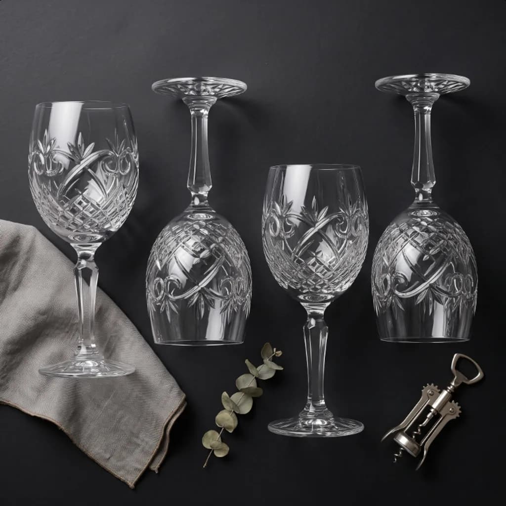 Heirloom Manor cut crystal wine glasses flat lay on slate with a linen napkin and corkscrew