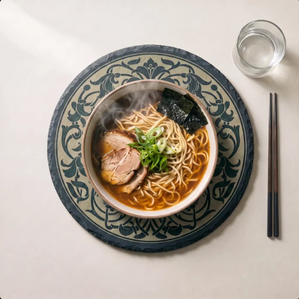 Bowl of ramen served on a Heirloom Manor slate placemat with chopsticks