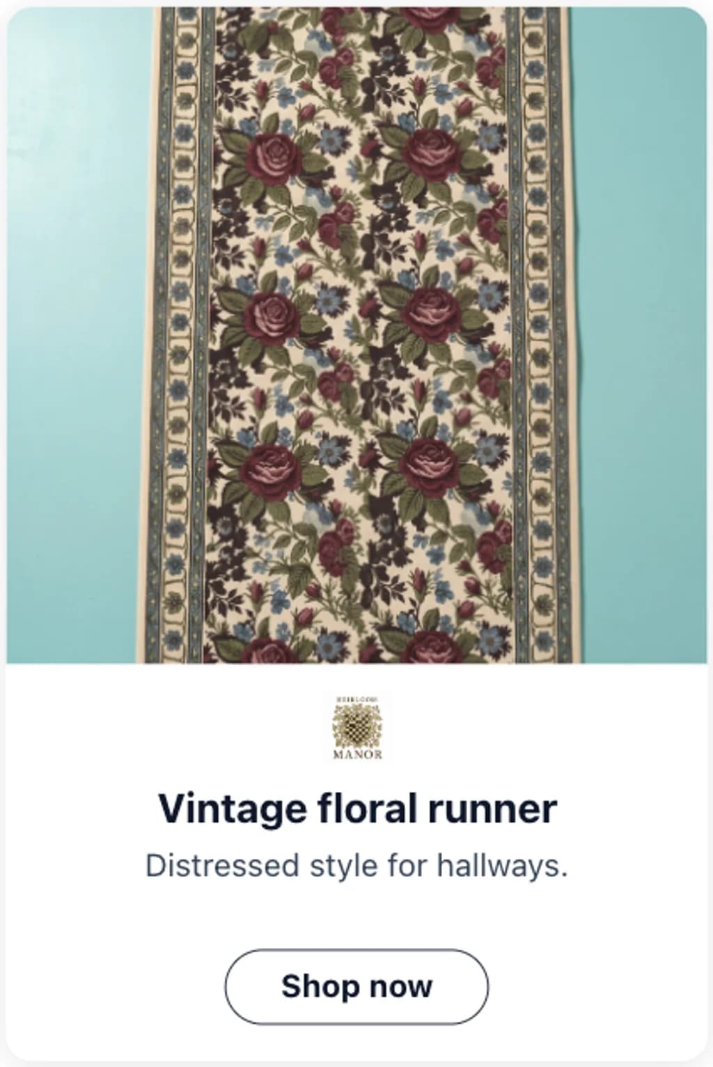 Heirloom Manor tall ad creative reading distressed style for hallways with a shop now button