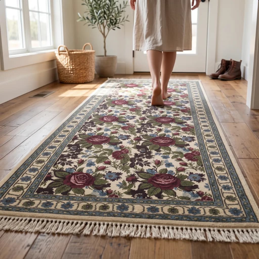 Barefoot walk down a sunlit hallway over the Heirloom Manor floral runner