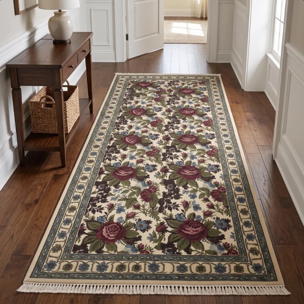 Heirloom Manor floral runner laid down an entry hall beside a console table