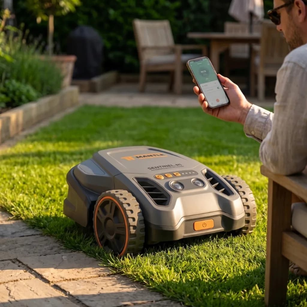 Man on a patio checking his phone while the Mantle Sentinel-R1 robot mower crosses the lawn