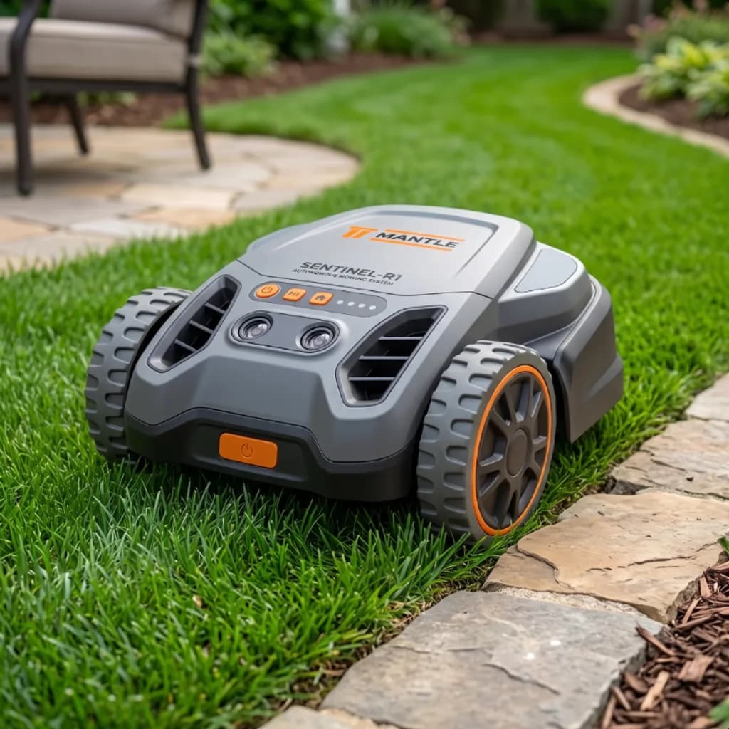 Mantle Sentinel-R1 robot mower working a striped lawn beside a stone path