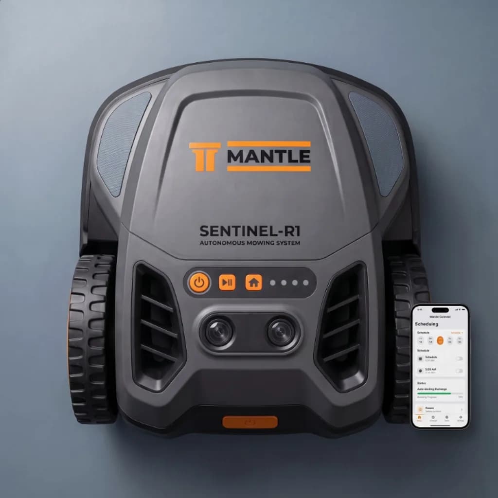 Mantle Sentinel-R1 robot mower studio photo from above with the scheduling app