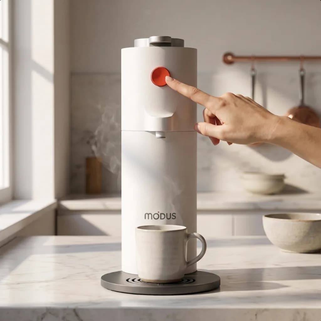 Finger pressing the brew button on a Modus single-serve coffee maker in a sunlit kitchen