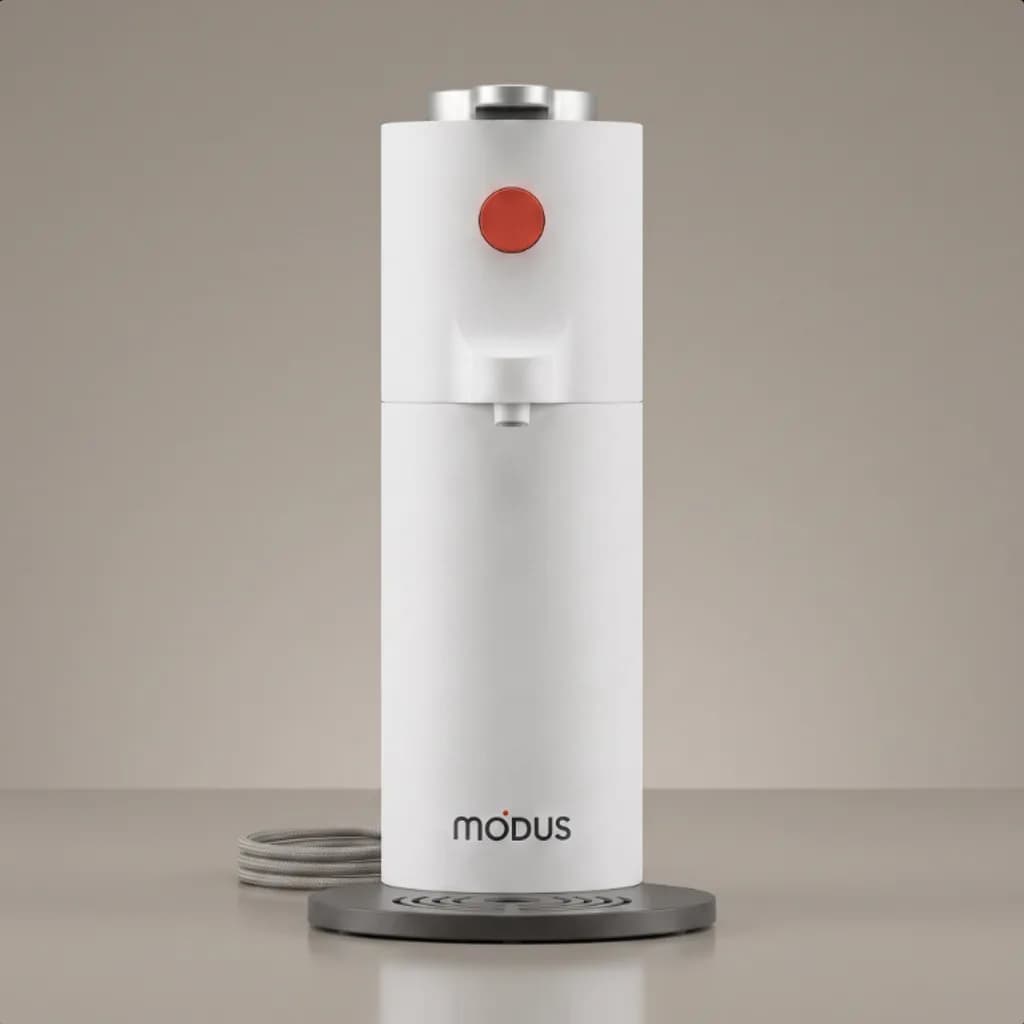 Modus single-serve coffee maker studio photo on a warm taupe backdrop