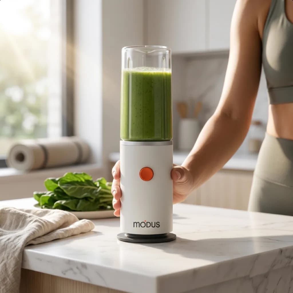 Woman lifting a Modus portable blender full of green smoothie in a bright kitchen