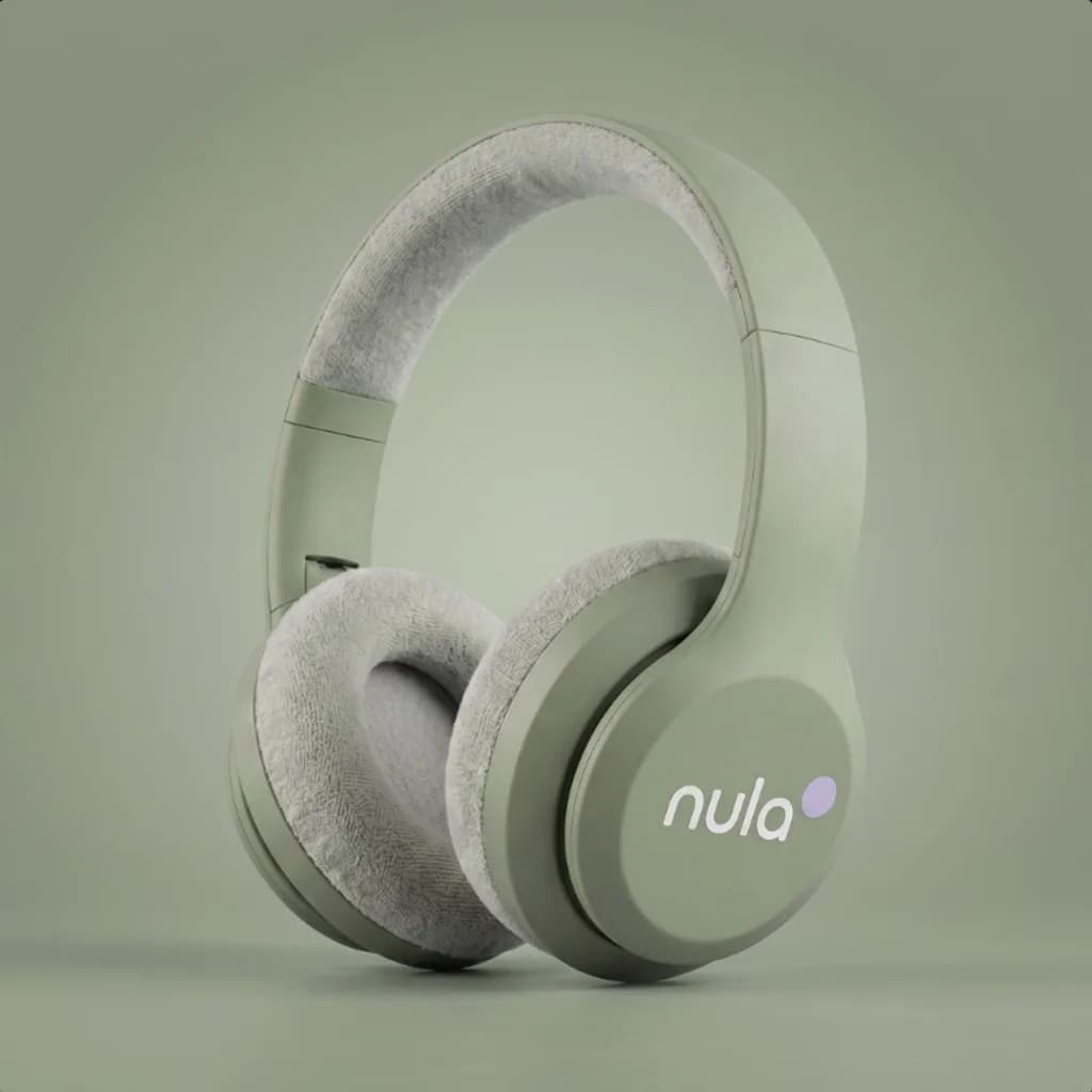 Nula Sage Mist headphones studio photo on a sage backdrop