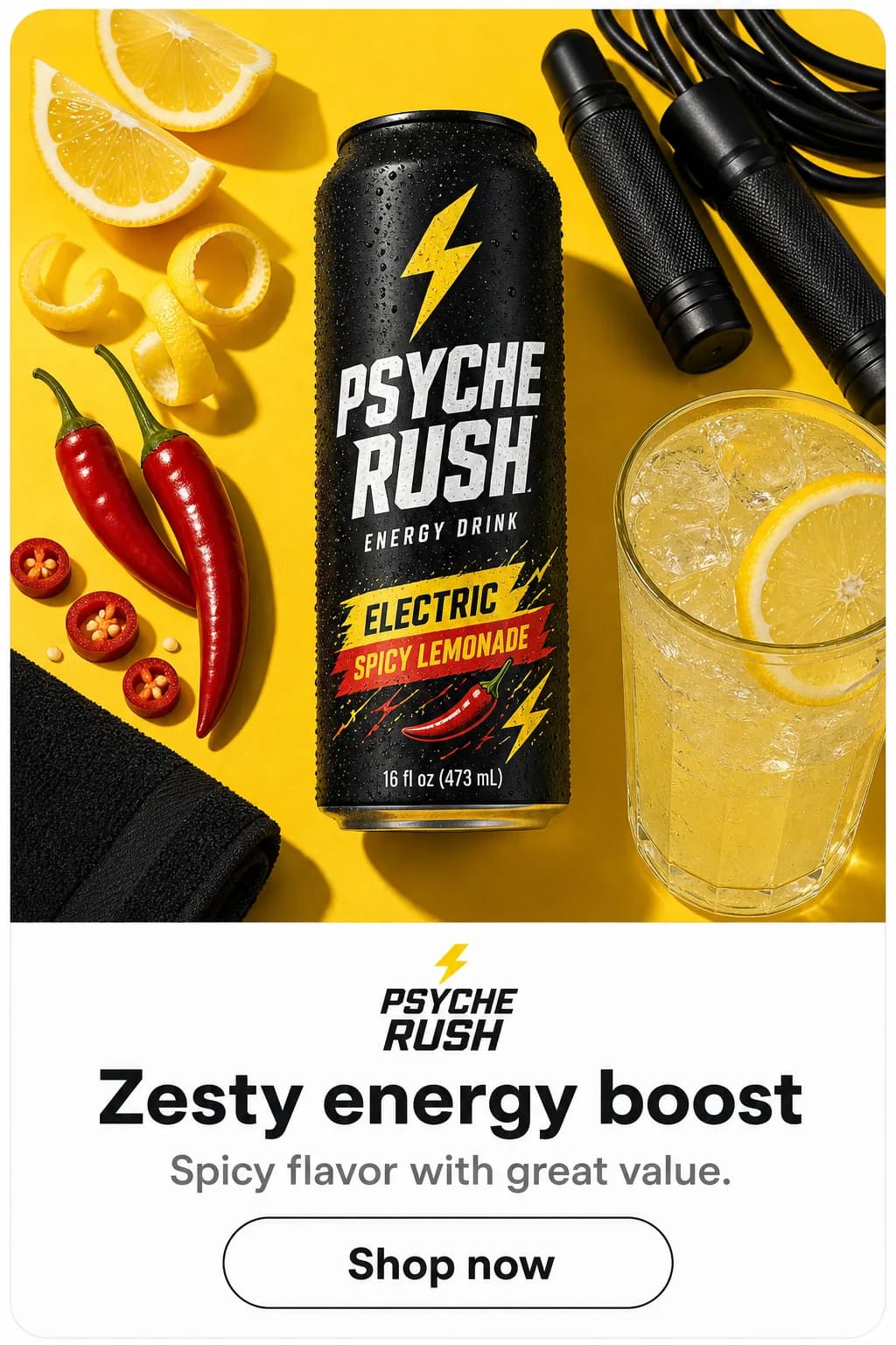 Psyche Rush ad creative reading zesty energy boost with a shop now button