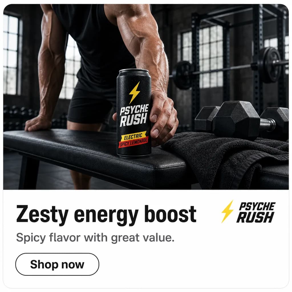 Psyche Rush gym ad creative with a shop now button